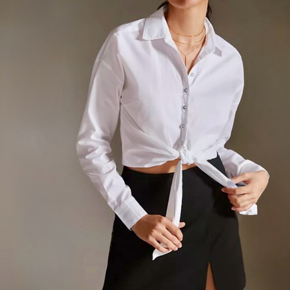 Anthropologie Maeve White Tie-Front Blouse